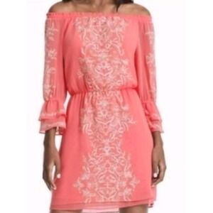 White House Black Market Coral Chiffon Off Shoulder Embroidered Mini Dress Sz S